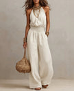 Solenne Wide-Leg Halter Jumpsuit