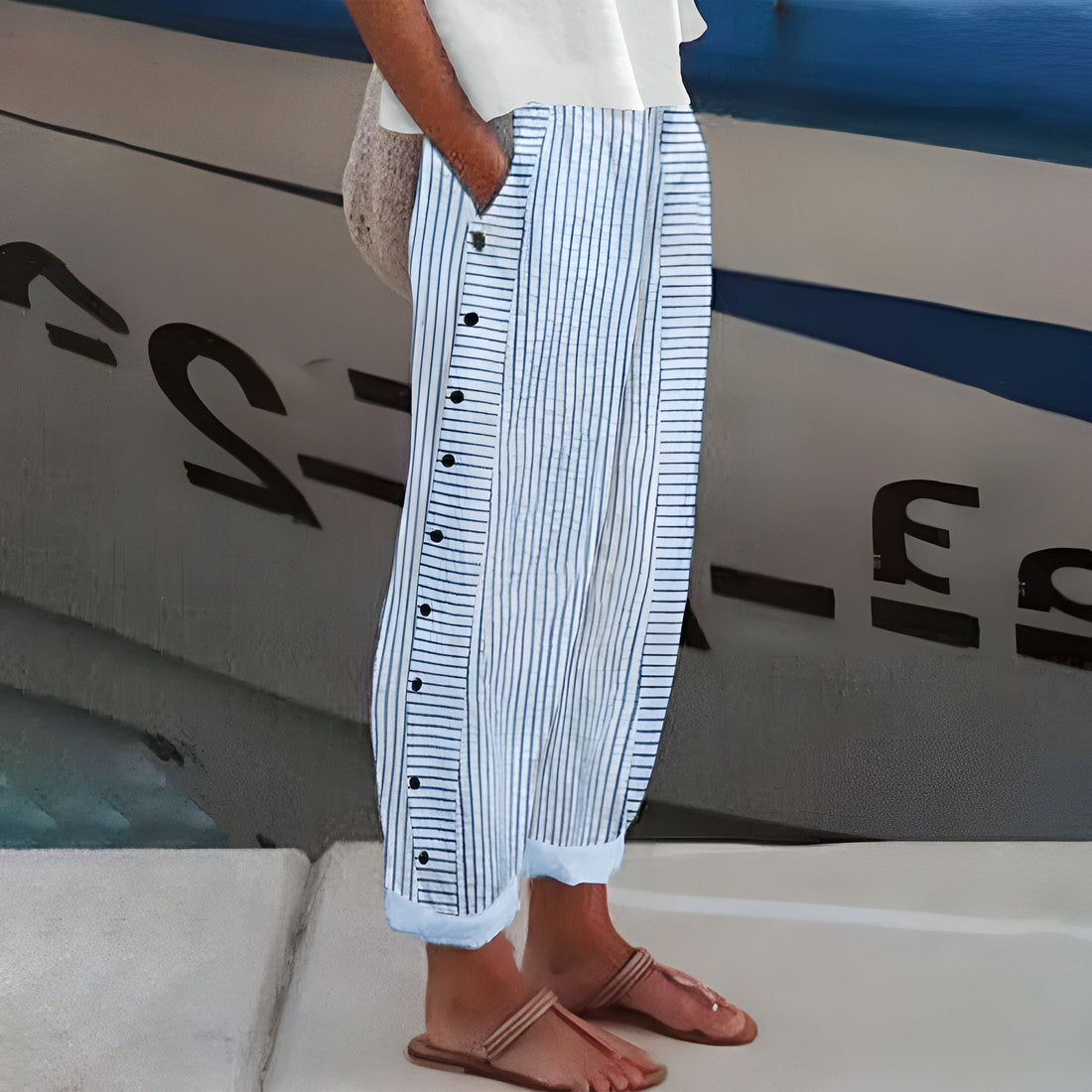 Talia Pinstripe Button-Panel Trousers