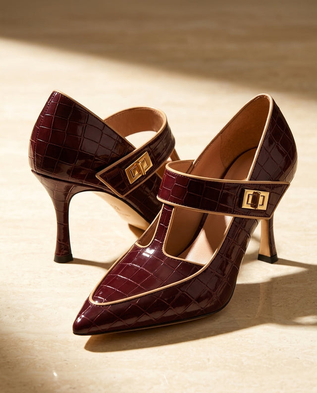 Vesper Croc-Embossed T-Strap Heels