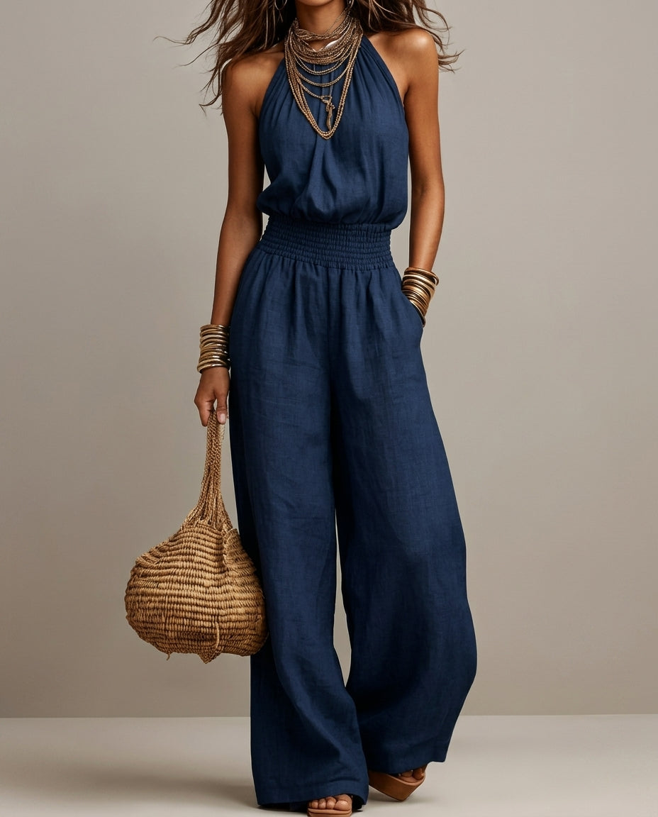 Solenne Wide-Leg Halter Jumpsuit
