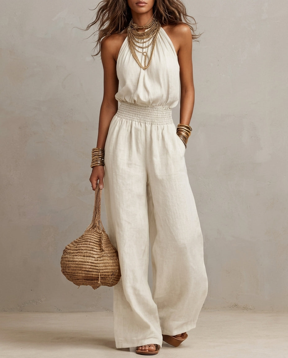 Solenne Wide-Leg Halter Jumpsuit