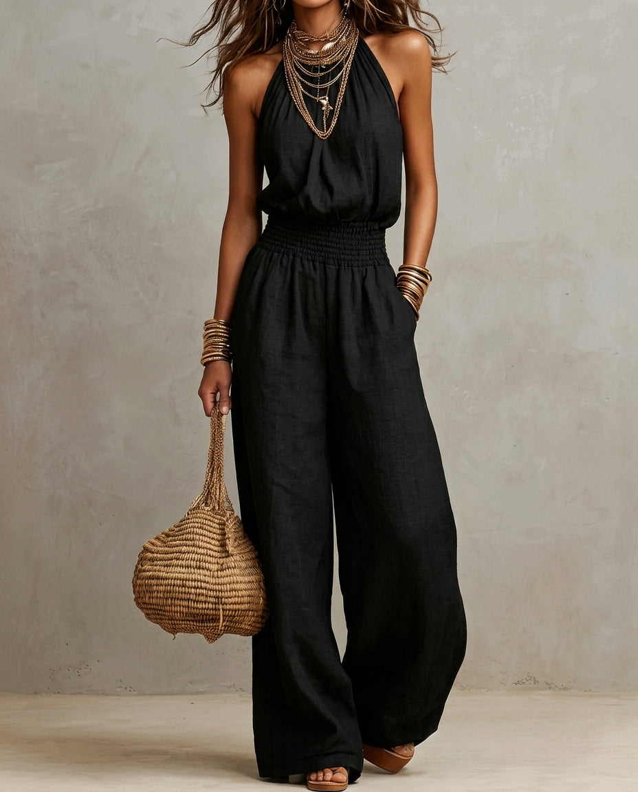 Solenne Wide-Leg Halter Jumpsuit