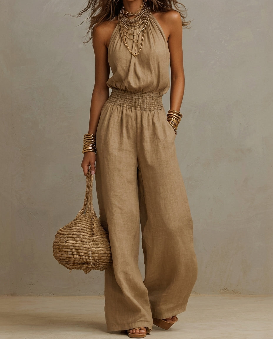 Solenne Wide-Leg Halter Jumpsuit