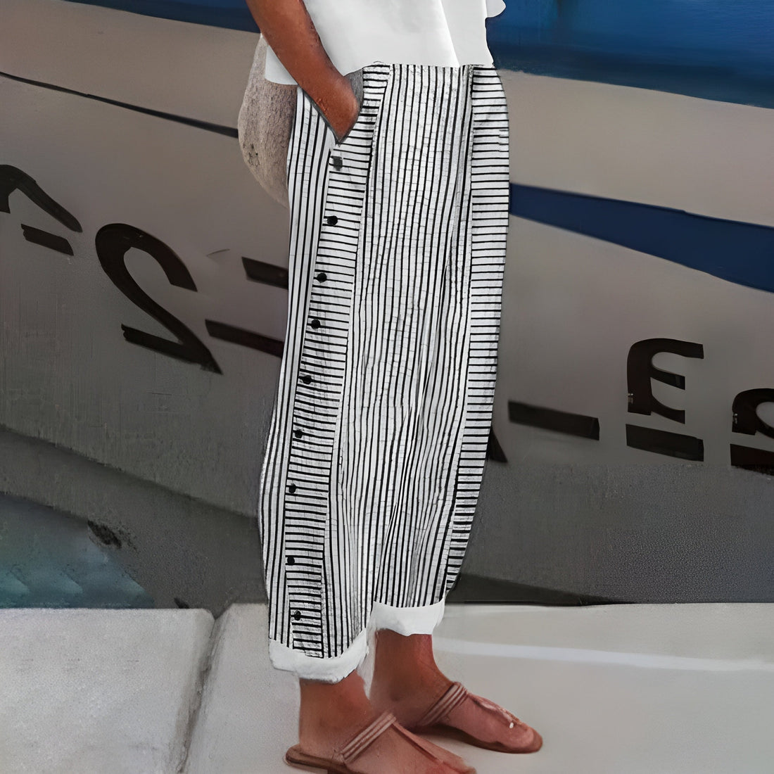 Talia Pinstripe Button-Panel Trousers