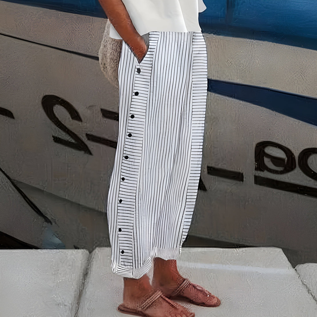 Talia Pinstripe Button-Panel Trousers