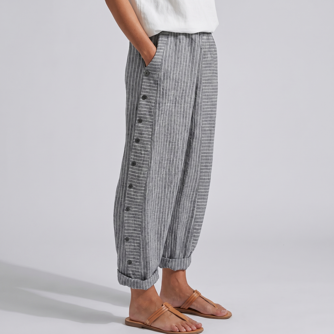 Talia Pinstripe Button-Panel Trousers